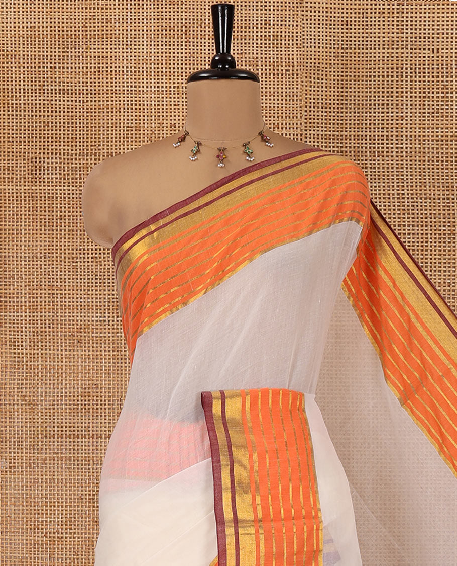 Cream Plain Khadi Mul Cotton Saree, Complemented by a Contrast Orange Border of Zari Stripes, a Self-Pallu, and Has No Blouse