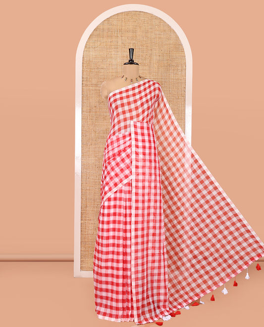 Borderless Red  Khadi Mul Cotton Saree, Adorned with Micro-Checks and No Blouse