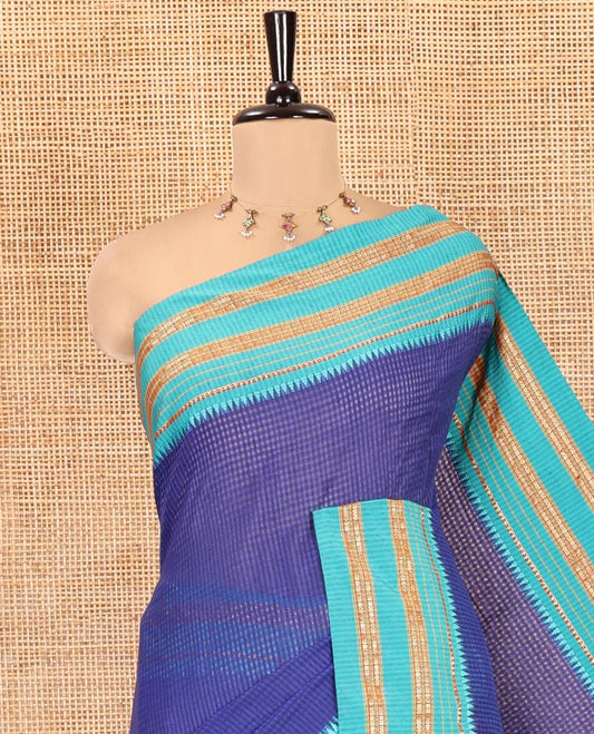 Blue Checked Mercerised Cotton Saree, a Contrast Temple Traditional Border, Striped Pallu, and a Contrast Blouse