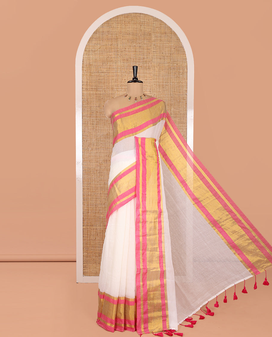 Cream Plain Khadi Mul Cotton Saree, Complemented by a Contrast Pink Zari Border, a Self-Pallu, and No Blouse