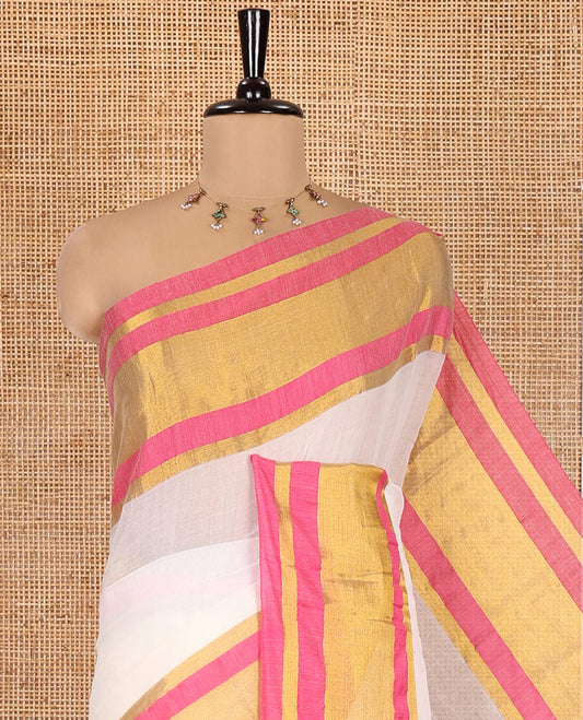Cream Plain Khadi Mul Cotton Saree, Complemented by a Contrast Pink Zari Border, a Self-Pallu, and No Blouse