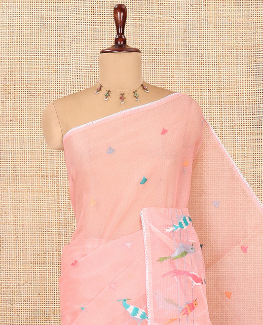 Pink Kota Doria Saree Features Thread-Embroidered Bird Motifs, a Lace Border, and a Matching Blouse
