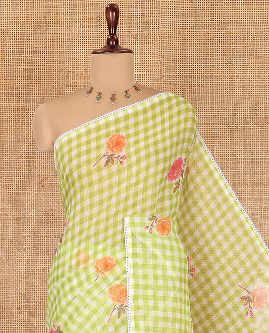 Green Linen Cotton Saree, Adorned with Checks and a Floral Print, Lace Border, a Self-Pallu, and a Contrast Blouse