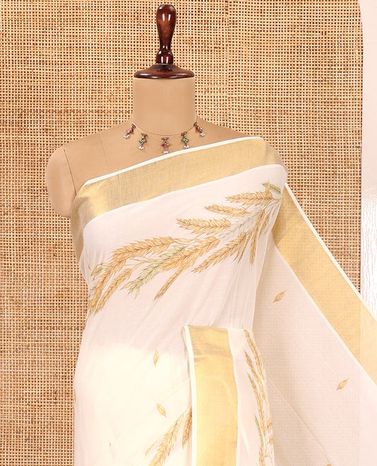 Cream Kerala Cotton Saree, Uniquely Detailed with Paddy Sheaves, a Zari Border, a Contrast Blouse