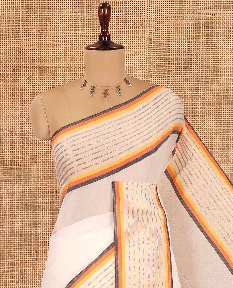 Cream Plain Khadi Mul Cotton Saree, Contrast Gold Zri Striped Border, a Self-Pallu, and No Blouse