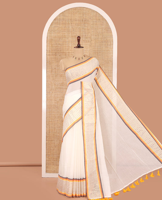 Cream Plain Khadi Mul Cotton Saree, Contrast Gold Zri Striped Border, a Self-Pallu, and No Blouse