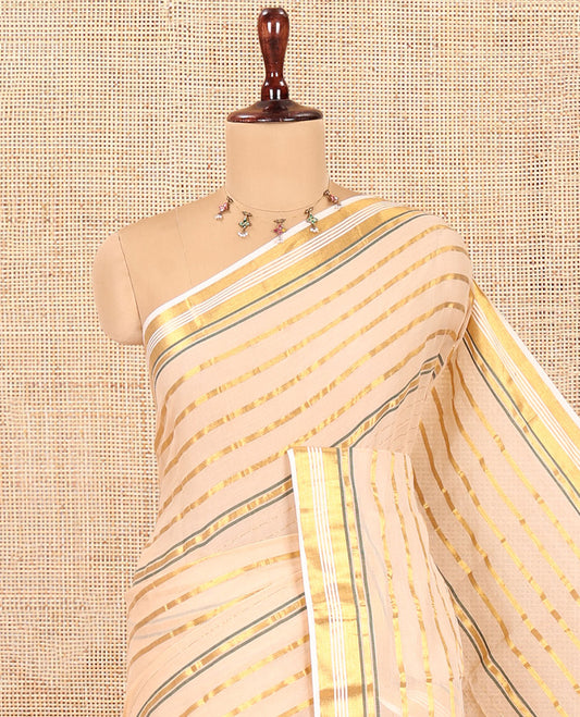 Chikku Khadi Mul Cotton Saree, Gleamed Up with Horizontal Gold Zari Stripes, a Zari Border, Green-Tasseled Pallu, and No Blouse