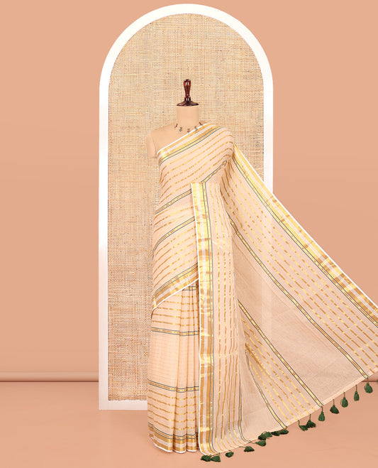 Chikku Khadi Mul Cotton Saree, Gleamed Up with Horizontal Gold Zari Stripes, a Zari Border, Green-Tasseled Pallu, and No Blouse