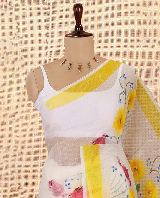 White Kota Doria Saree, Adorned with a Floral-Bird Hand-Brush Painting-Style Print, a Contrast Border, and a Matching Blouse