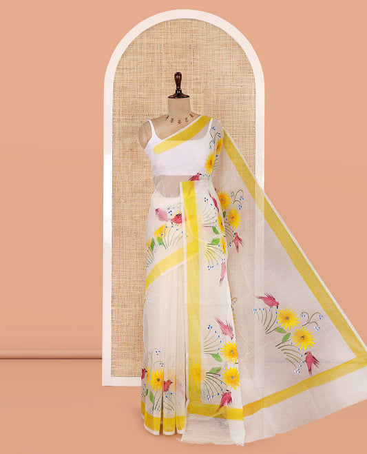 White Kota Doria Saree, Adorned with a Floral-Bird Hand-Brush Painting-Style Print, a Contrast Border, and a Matching Blouse