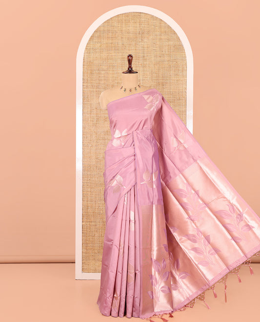 Borderless Dusky Pink Elite Soft Silk Saree, Beautified with Leaf Motifs, a Self-Pallu of Floral Designs, and a Matching Blouse