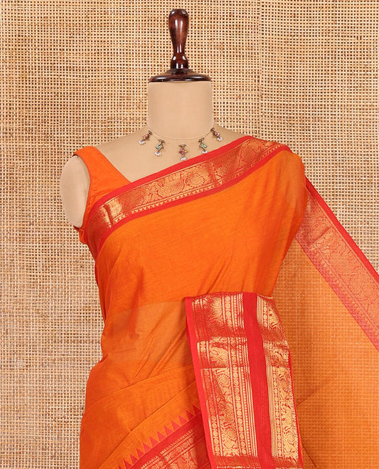 Orange Chettinad Cotton Saree, a Contrast Traditional Rettai Pettu Temple Border, Striped Pallu, and Matching Blouse