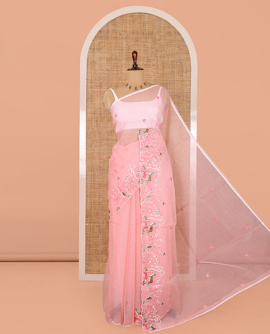 Pink Kota Doria Saree, Delicately Woven with Floral and Deer Embroidery, a Scallop Border, and a Contrast Deer Embroidery Blouse
