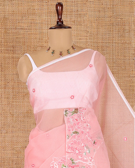 Pink Kota Doria Saree, Delicately Woven with Floral and Deer Embroidery, a Scallop Border, and a Contrast Deer Embroidery Blouse