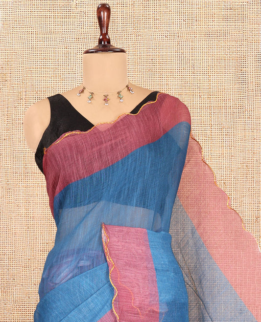 Dusky Blue Plain Linen Cotton Saree, Contrast Plain Scallop Border, a Self-Pallu, and Contrast Kalamkari Printed Blouse
