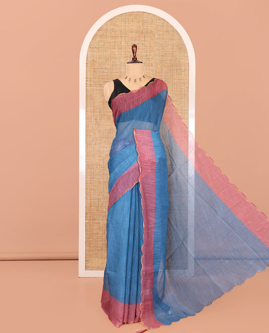 Dusky Blue Plain Linen Cotton Saree, Contrast Plain Scallop Border, a Self-Pallu, and Contrast Kalamkari Printed Blouse
