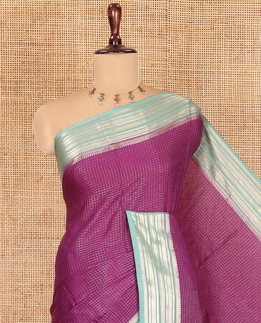 Violet Zari Checked Art Crepe Saree, Contrast Horizontal Striped Border, Zari Striped Pallu, and a Contrast Blouse