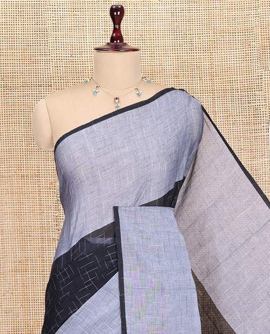 Black-Grey Khadi Mul Cotton Saree, Subtly Sparkled with Geometric Print, Complemented by a Contrast Border, and No Blouse