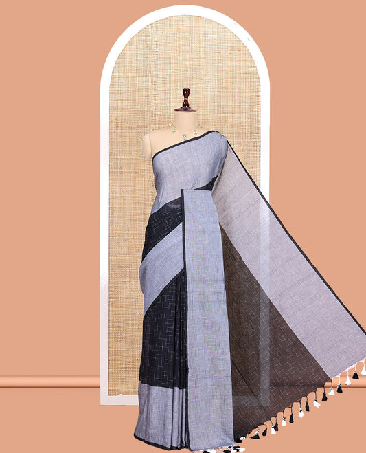 Black-Grey Khadi Mul Cotton Saree, Subtly Sparkled with Geometric Print, Complemented by a Contrast Border, and No Blouse