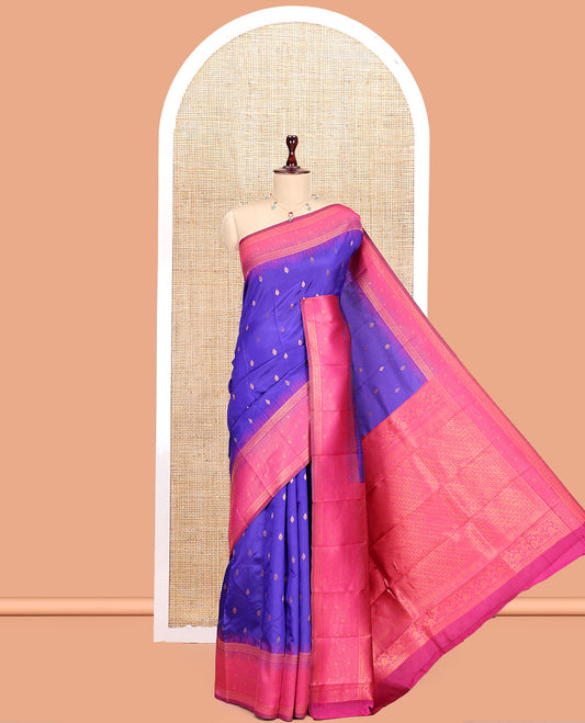 Violet Art Kanchi Silk Saree, Adorned with Buttas, a Contrast Traditional Zari Border, Intricate Pallu, and a Contrast Blouse