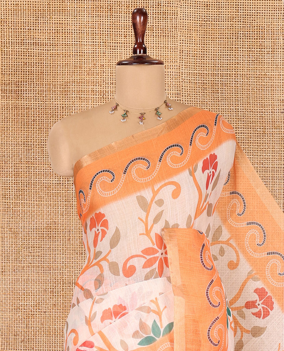 Orange Linen Cotton Saree Features Floral Vine Print, a Contrast Border, Paisley-Printed Pallu, and a Contrast Blouse