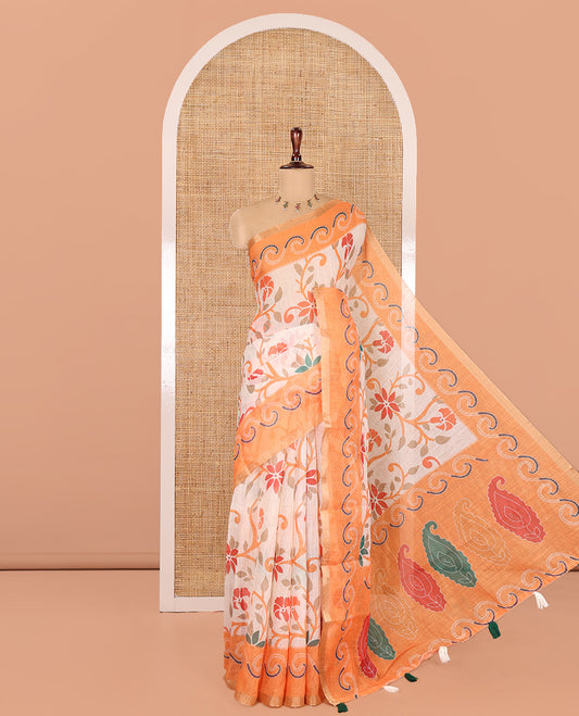 Orange Linen Cotton Saree Features Floral Vine Print, a Contrast Border, Paisley-Printed Pallu, and a Contrast Blouse
