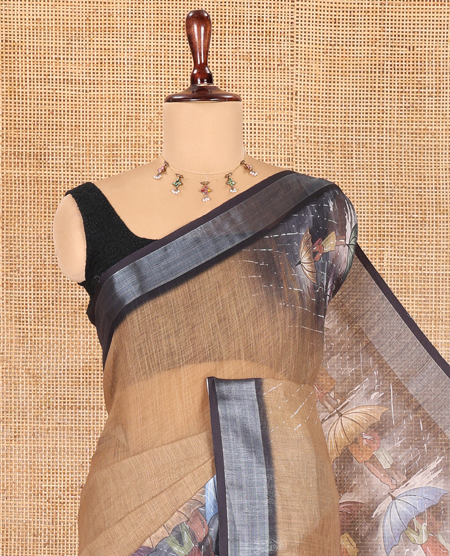 Mustard Rain-Themed Printed Linen Cotton Saree, Adorned with People with Umbrellas, a Zari Border, and Matching Blouse