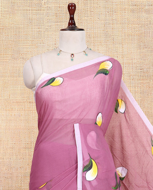 Borderless Onion Pink Khadi Mul Cotton Saree Features Floral Hand-Brush Painting, and a Matching Blouse