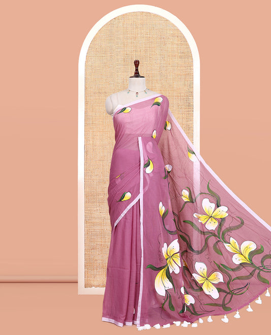 Borderless Onion Pink Khadi Mul Cotton Saree Features Floral Hand-Brush Painting, and a Matching Blouse