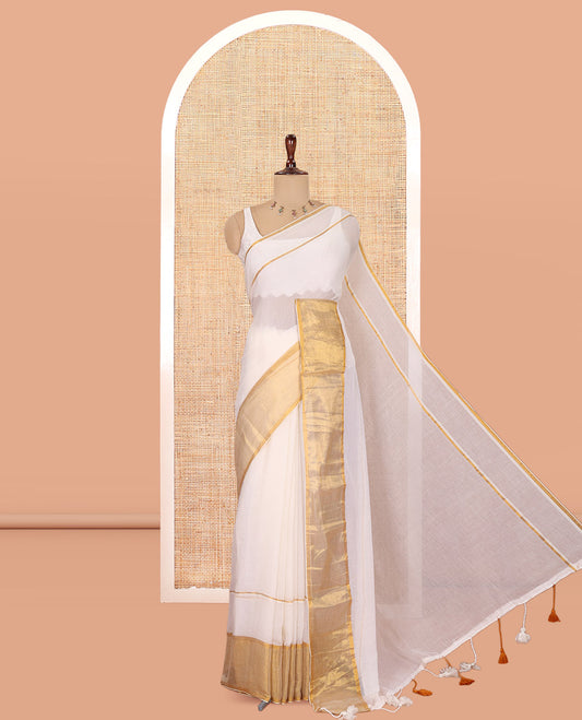 Cream Plain Khadi Mul Cotton Saree, a Big Gold Zari Border, a Self-Pallu, and No Blouse