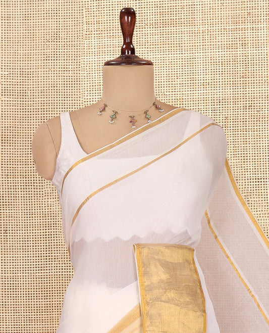 Cream Plain Khadi Mul Cotton Saree, a Big Gold Zari Border, a Self-Pallu, and No Blouse