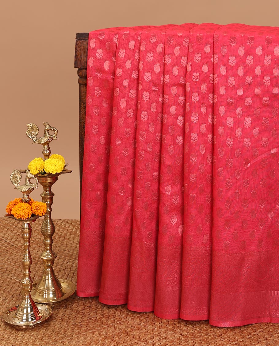 Red copper zari butta semi banaras weaving saree with contrast zari border & rich pallu along with plain blouse