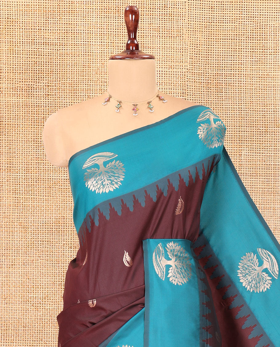 Wine Elite Soft Silk Saree, Graced with Zari Buttas, a Contrast Tree Temple Border, Paithani-Style Woven Pallu, a Contrast Blouse