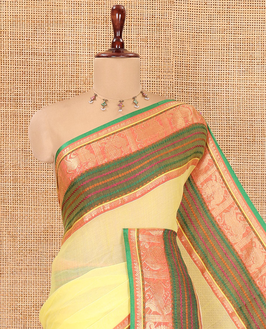 Yellow Plain Khadi Mul Cotton Saree, Complemented by Contrast Yaali-Peacock Traditional Border, Self-Pallu, and No Blouse
