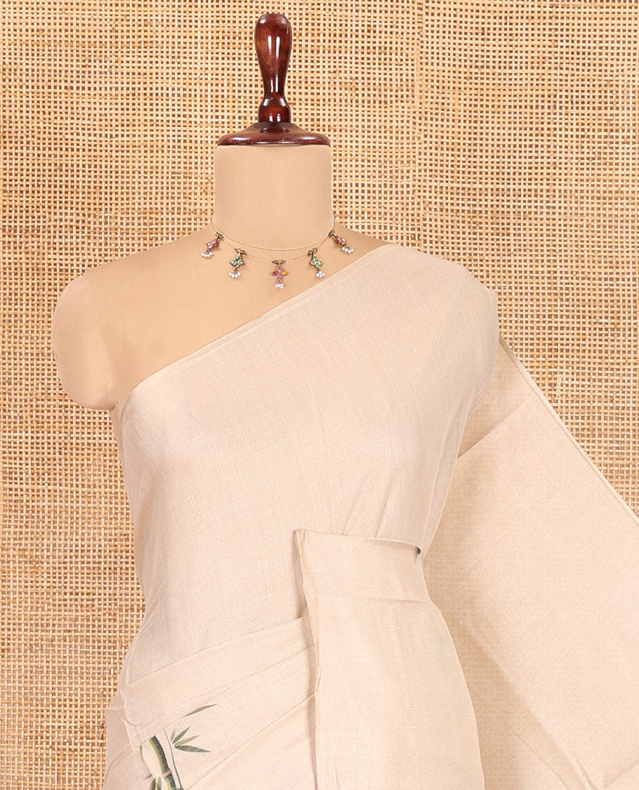 Borderless Gold Tissue Saree, Adorned with Cartoon Motifs Print, and a Matching Blouse
