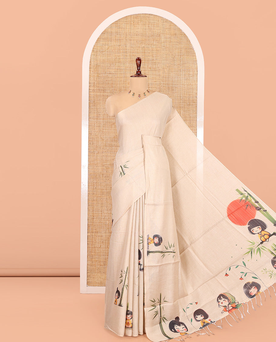 Borderless Gold Tissue Saree, Adorned with Cartoon Motifs Print, and a Matching Blouse