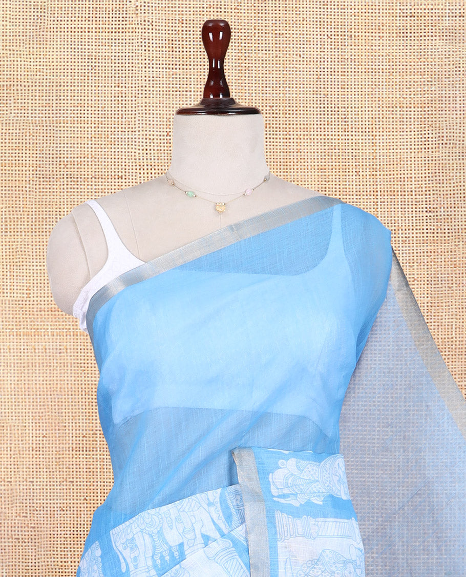 Blue Linen Cotton Saree Features Kalamkari Human Figurines, a Piping Border, Kalamkari Pallu, Contrast Blouse