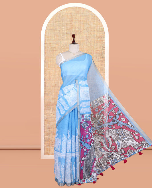 Blue Linen Cotton Saree Features Kalamkari Human Figurines, a Piping Border, Kalamkari Pallu, Contrast Blouse