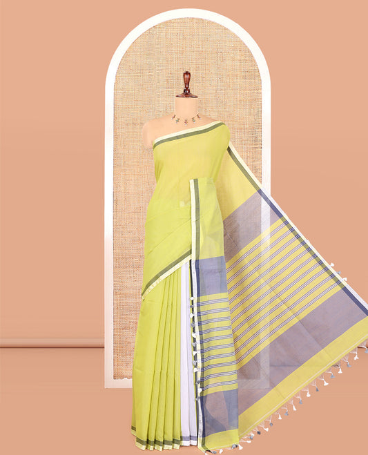 Parrot Green Plain Khadi Mul Cotton Saree, a Contrast Satin Border, Striped Pallu, and a Plain Blouse