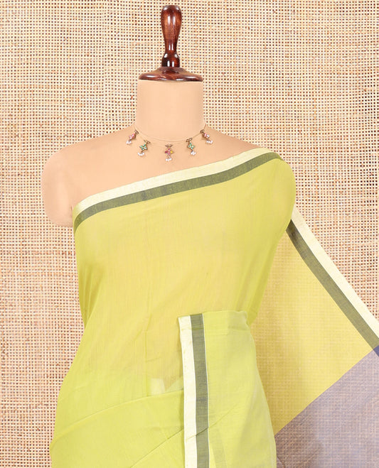 Parrot Green Plain Khadi Mul Cotton Saree, a Contrast Satin Border, Striped Pallu, and a Plain Blouse