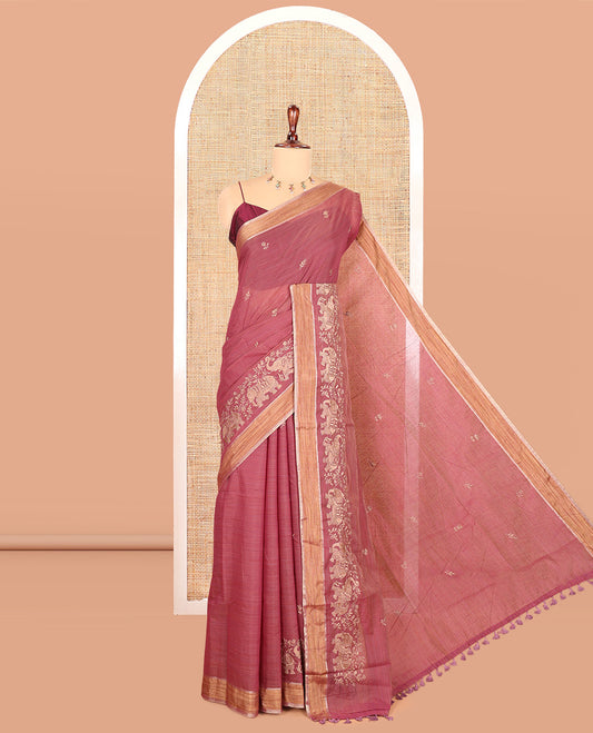 Pink Chanderi Cotton Saree Features Floral-Elephant Embroidery, a Contrast Border, and a Matching Blouse