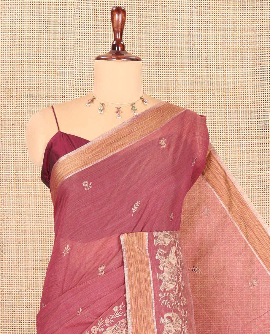 Pink Chanderi Cotton Saree Features Floral-Elephant Embroidery, a Contrast Border, and a Matching Blouse