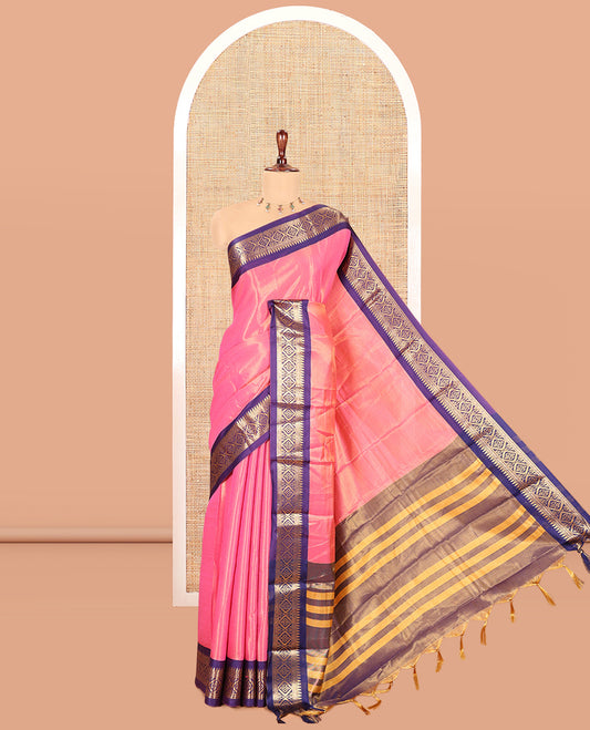 Pink Plain Tissue Cotton Saree, Contrast Traditional Border, Striped Pallu, and Contrast Blouse