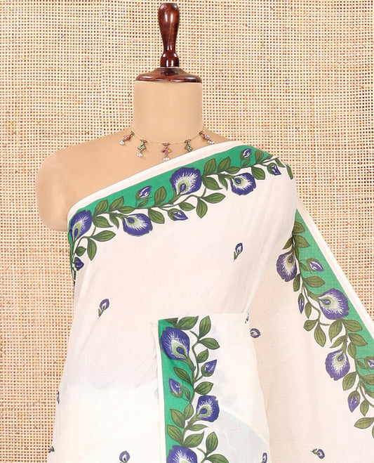 Cream Kerala Cotton Saree, Adorned with Floral Print, Contrast Floral Border, and a Contrast Floral Blouse