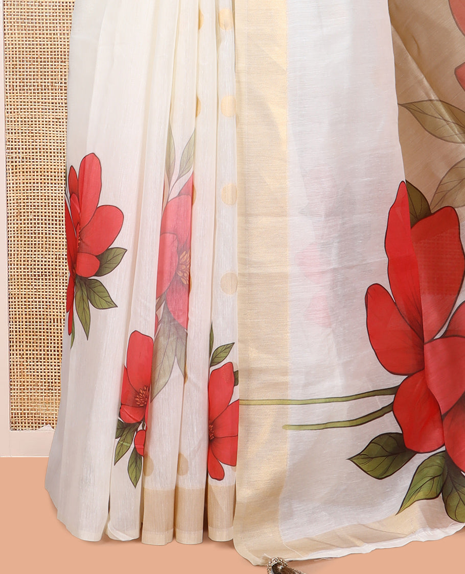 Cream Chanderi Cotton Saree Features Zari Buttas and Floral Print, a Zari Border, Printed Pallu, Matching Blouse