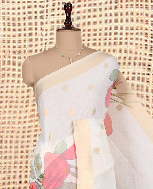 Cream Chanderi Cotton Saree Features Zari Buttas and Floral Print, a Zari Border, Printed Pallu, Matching Blouse