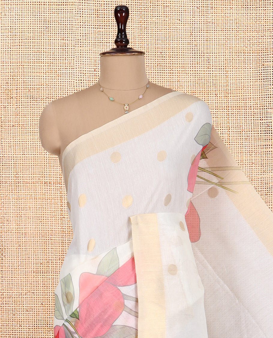 Cream Chanderi Cotton Saree Features Zari Buttas and Floral Print, a Zari Border, Printed Pallu, Matching Blouse