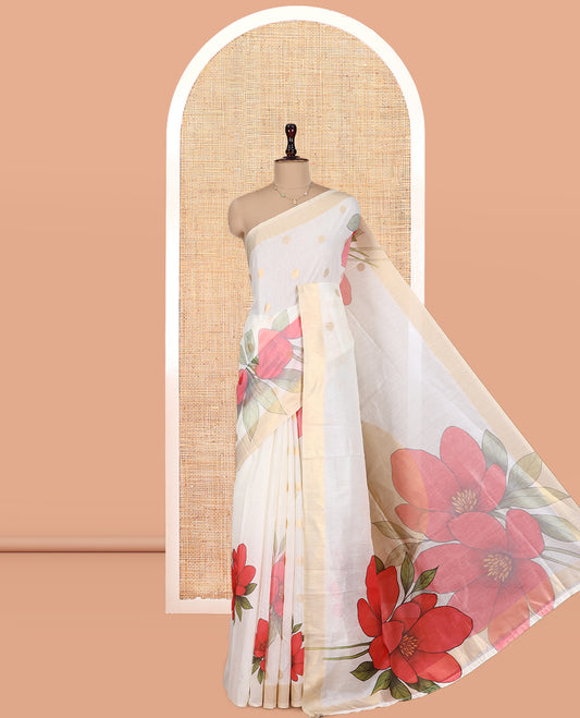 Cream Chanderi Cotton Saree Features Zari Buttas and Floral Print, a Zari Border, Printed Pallu, Matching Blouse