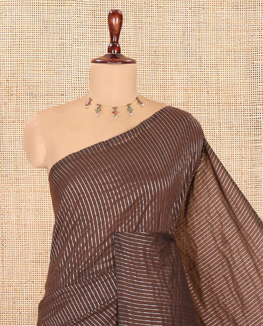 Borderless Brown Zari Striped Khadi Cotton Saree, Contrast Pallu, and No Blouse
