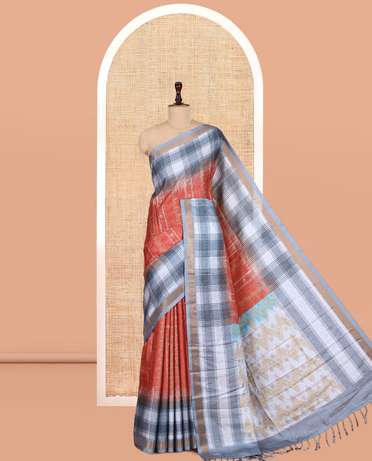 Rust Floral Design Manipuri Silk Saree, Contrast Checked Border, Mughal-Style Pallu, Contrast Blouse
